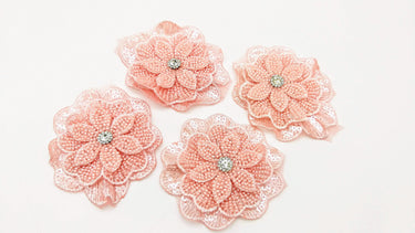 Pink Hand Embroidered Floral Applique With Beads, Crochet Cut Dana Applique, Beaded Flower Motifs